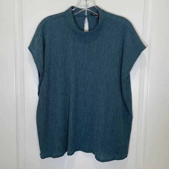 Eileen Fisher Teal-Blue Woven Plisse Mock Neck Top Crepe Tencel Short Sleeve S - Picture 3 of 7